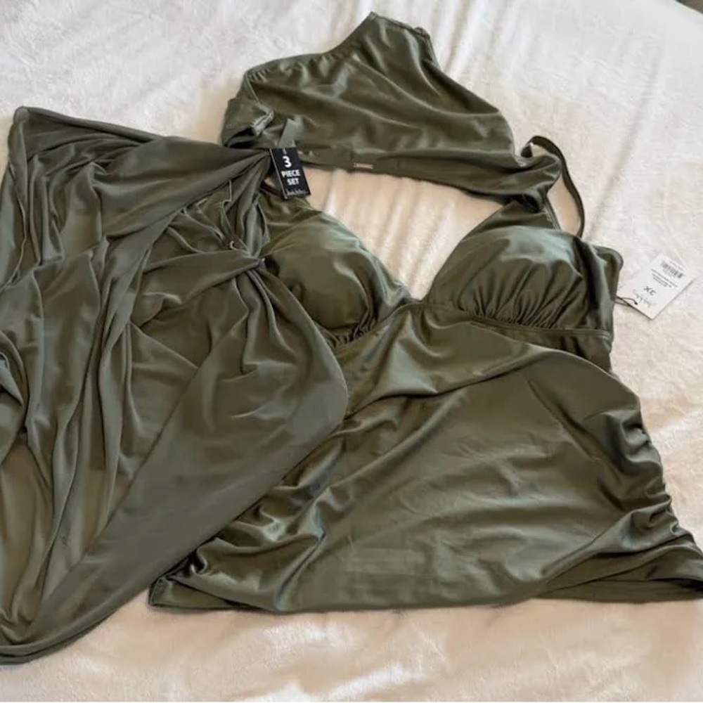 Olive Green Satin Bikini Set with Cover-Up - Women Swim Bikinis